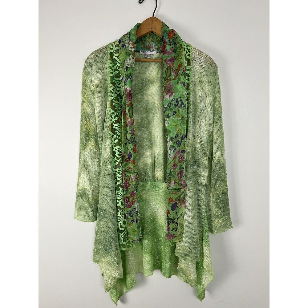 Alberto Makali Cardigan Women’s Small Green Tie Front Tie Dye Attached Scarf